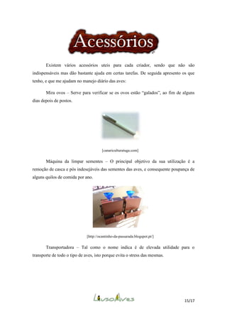 Existem vários acessórios uteis para cada criador, sendo que não são
indispensáveis mas dão bastante ajuda em certas tarefas. De seguida apresento os que
tenho, e que me ajudam no manejo diário das aves:
Mira ovos – Serve para verificar se os ovos estão “galados”, ao fim de alguns
dias depois de postos.

[canariculturatuga.com]

Máquina da limpar sementes – O principal objetivo da sua utilização é a
remoção de casca e pós indesejáveis das sementes das aves, e consequente poupança de
alguns quilos de comida por ano.

[http://ocantinho-da-passarada.blogspot.pt/]

Transportadora – Tal como o nome indica é de elevada utilidade para o
transporte de todo o tipo de aves, isto porque evita o stress das mesmas.

15/17

 