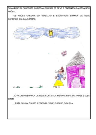 OS ANIMAIS DA FLORESTA AJUDARAM BRANCA DE NEVE A ENCONTRAR A CASA DOS
ANÕES .
OS ANÕES CHEGAM DO TRABALHO E ENCONTRAM BRANCA DE NEVE
DORMINDO EM SUAS CAMAS.
AO ACORDAR BRANCA DE NEVE CONTA SUA HISTÓRIA PARA OS ANÕES E ELES
DIZEM:
_ ESTA RAINHA É MUITO PERIGOSA, TOME CUIDADO COM ELA!
 