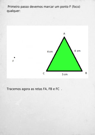 Primeiro passo devemos marcar um ponto F (foco)
qualquer:
Tracemos agora as retas FA, FB e FC .
 