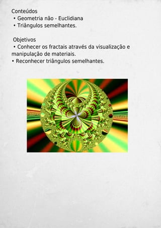 Conteúdos
• Geometria não - Euclidiana
• Triângulos semelhantes.
Objetivos
• Conhecer os fractais através da visualização e
manipulação de materiais.
• Reconhecer triângulos semelhantes.
 