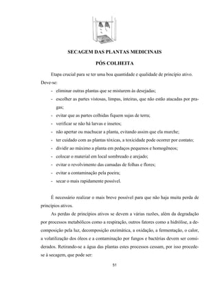 51
SECAGEM DAS PLANTAS MEDICINAIS
PÓS COLHEITA
Etapa crucial para se ter uma boa quantidade e qualidade de princípio ativo.
Deve-se:
- eliminar outras plantas que se misturem às desejadas;
- escolher as partes vistosas, limpas, inteiras, que não estão atacadas por pra-
gas;
- evitar que as partes colhidas fiquem sujas de terra;
- verificar se não há larvas e insetos;
- não apertar ou machucar a planta, evitando assim que ela murche;
- ter cuidado com as plantas tóxicas, a toxicidade pode ocorrer por contato;
- dividir ao máximo a planta em pedaços pequenos e homogêneos;
- colocar o material em local sombreado e arejado;
- evitar o revolvimento das camadas de folhas e flores;
- evitar a contaminação pela poeira;
- secar o mais rapidamente possível.
É necessário realizar o mais breve possível para que não haja muita perda de
princípios ativos.
As perdas de princípios ativos se devem a várias razões, além da degradação
por processos metabólicos como a respiração, outros fatores como a hidrólise, a de-
composição pela luz, decomposição enzimática, a oxidação, a fermentação, o calor,
a volatilização dos óleos e a contaminação por fungos e bactérias devem ser consi-
derados. Retirando-se a água das plantas estes processos cessam, por isso procede-
se à secagem, que pode ser:
 