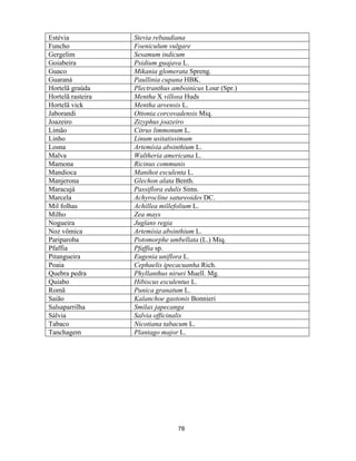 78
Estévia Stevia rebaudiana
Funcho Foeniculum vulgare
Gergelim Sesamum indicum
Goiabeira Psidium guajava L.
Guaco Mikania glomerata Spreng.
Guaraná Paullinia cupana HBK.
Hortelã graúda Plectranthus amboinicus Lour (Spr.)
Hortelã rasteira Mentha X villosa Huds
Hortelã vick Mentha arvensis L.
Jaborandi Ottonia corcovadensis Miq.
Joazeiro Zizyphus joazeiro
Limão Citrus limmonum L.
Linho Linum usitatissimum
Losna Artemísia absinthium L.
Malva Waltheria americana L.
Mamona Ricinus communis
Mandioca Manihot esculenta L.
Manjerona Glechon alata Benth.
Maracujá Passiflora edulis Sims.
Marcela Achyrocline satureoides DC.
Mil folhas Achillea millefolium L.
Milho Zea mays
Nogueira Juglans regia
Noz vômica Artemísia absinthium L.
Pariparoba Potomorphe umbellata (L.) Miq.
Pfaffia Pfaffia sp.
Pitangueira Eugenia uniflora L.
Poaia Cephaelis ipecacuanha Rich.
Quebra pedra Phyllanthus niruri Muell. Mg.
Quiabo Hibiscus esculentus L.
Romã Punica granatum L.
Saião Kalanchoe gastonis Bonnieri
Salsaparrilha Smilax japecanga
Sálvia Salvia officinalis
Tabaco Nicotiana tabacum L.
Tanchagem Plantago major L.
 