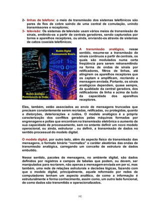 192
2- linhas de telefone: o meio de transmissão dos sistemas telefônicos são
pares de fios de cobre saindo de uma central de comutação, unindo
transmissores e receptores;
3- televisão: Os sistemas de televisão usam vários meios de transmissão de
sinais, emitindo-os a partir de centrais geradores, sendo capturados por
torres e aparelhos receptores, ou ainda, enviando-os através de sistemas
de cabos coaxiais telefônicos;
A transmissão analógica, nesse
sentido, resume-se a transmissão de
sinais contínuos a partir de centrais, os
quais são modulados numa certa
freqüência para serem retransmitindo
na forma de ondas de sinais por
retificadores, filtros de linhas, até
atingirem os aparelhos receptores que
os captam e amplificam, recriando a
mensagem enviada. Portanto, os sinais
analógicos dependem, quase sempre,
da qualidade da central geradora, dos
retificadores de linha e acima de tudo
da capacidade dos aparelhos
receptores.
Eles, também, estão associados ao envio de mensagens truncadas que
precisam constantemente serem recriadas, retificadas, ou protegidas, quanto
a distorções, deteriorações e ruídos. O modelo analógico é a própria
caracterização dos conflitos gerados pelas máquinas formadas por
engrenagens e polias que encontram na transmissão eletrônica o aumento de
sua capacidade de processamento, sem no entanto definir um novo modelo
operacional, ou ainda, estruturar , ou definir, a transmissão de dados no
sentido processual do modelo digital.
O modelo digital, por outro lado, além do aspecto físico da transmissão das
mensagens, o formato binário “normaliza” o caráter aleatórias das ondas de
transmissão analógica, carregando um conceito de estrutura de dados
embutido.
Nesse sentido, pacotes de mensagens, no ambiente digital, são dados
definidos por registros e campos de tabelas que podem, ou devem, ser
manipulados para recriarem, não apenas a mensagem enviada em per si, mas
também, uma rede de relações estruturais e decisões lógicas, fazendo com
que o modelo digital, principalmente, aquele reformado por redes de
computadores tenham um aspecto analítico, de como a informação é
estruturalmente e forma conhecimento, assim como, um outro lado funcional,
de como dados são transmitido e operacionalizados.
 