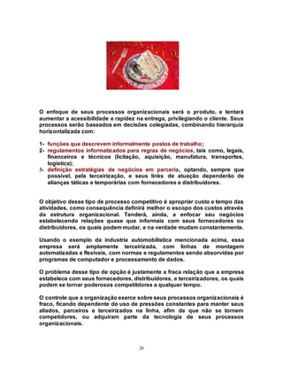 20
O enfoque de seus processos organizacionais será o produto, e tentará
aumentar a acessibilidade e rapidez na entrega, privilegiando o cliente. Seus
processos serão baseados em decisões colegiadas, combinando hierarquia
horizontalizada com:
1- funções que descrevem informalmente postos de trabalho;
2- regulamentos informatizados para regras de negócios, tais como, legais,
financeiros e técnicos (licitação, aquisição, manufatura, transportes,
logística);
3- definição estratégias de negócios em parceria, optando, sempre que
possível, pela terceirização, e seus links de atuação dependerão de
alianças táticas e temporárias com fornecedores e distribuidores.
O objetivo desse tipo de processo competitivo é apropriar custo e tempo das
atividades, como consequência definirá melhor o escopo dos custos através
da estrutura organizacional. Tenderá, ainda, a enfocar seu negócios
estabelecendo relações quase que informais com seus fornecedores ou
distribuidores, os quais podem mudar, e na verdade mudam constantemente.
Usando o exemplo da industria automobilística mencionada acima, essa
empresa será amplamente terceirizada, com linhas de montagem
automatizadas e flexíveis, com normas e regulamentos sendo absorvidas por
programas de computador e processamento de dados.
O problema desse tipo de opção é justamente a fraca relação que a empresa
estabelece com seus fornecedores, distribuidores, e terceirizadores, os quais
podem se tornar poderosos competitdores a qualquer tempo.
O controle que a organização exerce sobre seus processos organizacionais é
fraco, ficando dependente do uso de pressões constantes para manter seus
aliados, parceiros e terceirizados na linha, afim de que não se tornem
competidores, ou adquiram parte da tecnologia de seus processos
organizacionais.
 