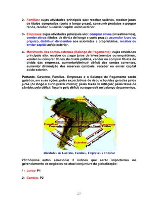227
2- Famílias: cujas atividades principais são: receber salários, receber juros
de títulos comprados (curto e longo prazo), consumir produtos e poupar
renda, receber ou enviar capital ao/do exterior.
3- Empresas:cujas atividades principais são: comprar ativos (investimentos),
vender ativos (títulos de dívida de longo e curto prazo), acumular lucro ou
prejuízo, distribuir dividendos aos acionistas e proprietários, receber ou
enviar capital ao/do exterior.
4- Movimento das contas externas (Balanço de Pagamento): cujas atividades
principais são: receber ou pagar juros de investimentos ou emprétimos,
vender ou comprar títulos da dívida pública, vender ou comprar títulos de
dívida das empresas, aumentar/diminuir déficit das contas correntes,
aumento/ diminuição das reservas cambiais, receber ou enviar capital
ao/do exterior.
Portanto, Governo, Famílias, Empresas e o Balanço de Pagamento serão
guiados, em suas ações, pelas expectativas de risco e liquidez geradas pelos
juros (de longo e curto prazo interno); pelas taxas de inflação; pelas taxas de
câmbio; pelo déficit fiscal e pelo déficit ou superavit no balanço de pamentos.
Atividades do Governo, Famílias, Empresas e Exterior
23Podemos então selecionar 6 índices que serão importantes no
gerenciamento de negócios na atual conjuntura da globalização:
1- Juros- P1
2- Cambio- P2
 