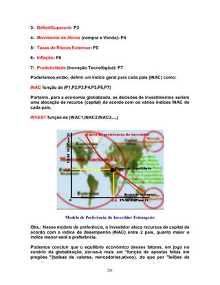 228
3- Déficit/Superavit- P3
4- Movimento de Ativos (compra e Venda)- P4
5- Taxas de Riscos Externas- P5
6- Inflação- P6
7- Produtividade (Inovação Tecnológica)- P7
Poderíamos,então, definir um índice geral para cada país (INAC) como:
INAC função de (P1,P2,P3,P4,P5,P6,P7)
Portanto, para a economia globalizada, as decisões de investimentos seríam
uma alocação de recuros (capital) de acordo com os vários índices INAC de
cada país.
INVEST função de (INAC1,INAC2,INAC3,...,)
Modelo de Preferência do Investidor Estrangeiro
Obs.: Nesse modelo de preferência, o investidor aloca recursos de capital de
acordo com o índice de desempenho (INAC) entre 2 pais, quanto maior o
índice menor será a preferência.
Podemos concluir que o equilíbrio econômico desses fatores, em jogo no
cenário da globalização, dar-se-á mais em "função de apostas feitas em
pregões "(bolsas de valores, mercadorias,ativos), do que por "leilões de
 