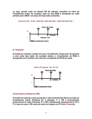 33
ou seja, quanto cada um desses R$ 20 valeriam somados no iníco do
investimento (hoje). Na verdade, cada um dos R$20 é atualizado em cada
período para refletir um preço de hoje (valor presente).
Cálculo do VPL: 57.86 = { [20/1.02] + [20/(1.02)(1.02)] + [20/(1.02)(1.02)(1.02)] }
2- "Payback"
Consiste em calcular o perído em que o investimento inicial seria recuperado
a uma certa taxa dada. No exemplo abaixo, o investimento de R$40 é
recuperado em 2 perídos com retornos constantes de R$ 20 em cada.
Cálculo do Payback : 40 = 20 + 20
3-Taxa Interna de Retorno (TIR)
Consiste em calcular a taxa que iguala o valor presente dos fluxos de caixa ao
investimento inicial. Podemos ter 3 situaçõe: 1º a TIR é inversamente
proporcional ao Valor Presente; 2º a TIR é diretamente proporcional ao VP e
3º o caso em que a TIR muda de sinal em relação ao VP (Valor Presente).
 