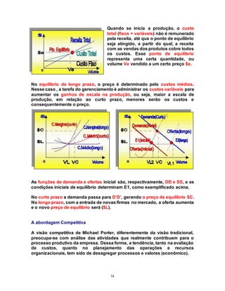 54
Quando se inicia a produção, o custo
total (fixos + variáveis) não é remunerado
pela receita, até que o ponto de equilíbrio
seja atingido, a partir do qual, a receita
com as vendas dos produtos cobre todos
os custos. Esse ponto de equilíbrio
representa uma certa quantidade, ou
volume Ve vendido a um certo preço $e.
No equilíbrio de longo prazo, o preço é determinado pelo custos médios.
Nesse caso , a tarefa do gerenciamento é administrar os custos variáveis para
aumentar os ganhos de escala na produção, ou seja, maior a escala de
produção, em relação ao curto prazo, menores serão os custos e
consequentemente o preço.
As funções de demanda e ofertas inicial são, respectivamente, DD e SS, e as
condições iniciais de equilíbrio determinam E1, como exemplificado acima.
No curto prazo a demanda passa para D’D’, gerando o preço de equilíbrio $C.
No longo prazo, com a entrada de novas firmas no mercado, a oferta aumenta
e o novo preço de equilíbrio será ($L).
A abordagem Competitiva
A visão competitiva de Michael Porter, diferentemente da visão tradicional,
preocupa-se com análise das atividades que realmente contribuem para o
processo produtivo da empresa. Dessa forma, a tendência, tanto na avaliação
de custos, quanto no planejamento das operações e recursos
organizacionais, tem sido de desagregar processos e valores (econômico).
 