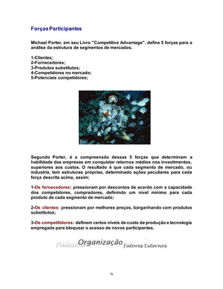 78
ForçasParticipantes
Michael Porter, em seu Livro "Competitive Advantage", define 5 forças para a
análise da estrutura de segmentos de mercados.
1-Clientes;
2-Fornecedores;
3-Produtos substitutos;
4-Competidores no mercado;
5-Potenciais competidores;
Segundo Porter, é a compreensão dessas 5 forças que determinam a
habilidade das empresas em conquistar retornos médios nos investimentos,
superiores aos custos. O resultado é que cada segmento de mercado, ou
industria, tem estruturas próprias, determinado ações peculiares para cada
força descrita acima, assim;
1-Os fornecedores: pressionam por descontos de acordo com a capacidade
dos competidores, compradores, definindo um nível mínimo para cada
produto de cada segmento de mercado;
2-Os clientes: pressionam por melhores preços, barganhando com produtos
substitutos;
3-Os competitidores: definem certos níveis de custo de produção e tecnologia
empregada para bloquear o acesso de novos participantes.
 