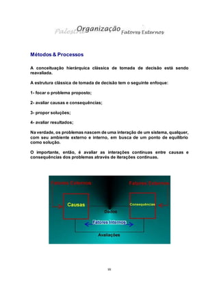 88
Métodos & Processos
A conceituação hierárquica clássica de tomada de decisão está sendo
reavaliada.
A estrutura clássica de tomada de decisão tem o seguinte enfoque:
1- focar o problema proposto;
2- avaliar causas e consequências;
3- propor soluções;
4- avaliar resultados;
Na verdade, os problemas nascem de uma interação de um sistema, qualquer,
com seu ambiente externo e interno, em busca de um ponto de equilíbrio
como solução.
O importante, então, é avaliar as interações contínuas entre causas e
consequências dos problemas através de iterações contínuas.
 