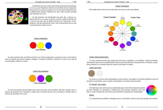 26 27
Educação para Jovens e Adultos - Artes Educação para Jovens e Adultos - Artes
Ao falarmos de cores, temos duas linhas de pensamento distintas:
a Cor-Luz e a Cor-Pigmento. Falar de cor sem falar de luz é impossível.
No caso da Cor-Luz ela é a própria cor e no caso da Cor-Pigmento a luz
é refletida pelo material, fazendo com que o olho humano perceba
esse estímulo como cor.   
Os dois extremos da classificação das cores são: o branco, au-
sência total de cor, ou seja, luz pura; e o preto, ausência total de luz,
o que faz com que não se reflita nenhuma cor. Essas duas “cores”,
portanto, não são exatamente cores, mas características da luz, que
convencionamos chamar de cor. 
Cores Primárias
As cores primárias são: vermelho amarelo e azul. São consideradas as primeiras cores. O vermelho é
uma cor quente que mostra energia e coragem. O amarelo simboliza o otimismo. O azul é a cor que dá
concentração e melhora a mente.
Cores Secundárias
As cores secundárias são formadas pela mistura de duas cores primárias. São elas: laranja, que é a
mistura do amarelo com o vermelho, o verde, que é a mistura do azul com o amarelo e o violeta, que é a
mistura do vermelho com o azul. 
Cores Terciárias
São obtidas pela mistura de uma primária com uma ou mais secundárias.
Cores Complementares
As cores complementares são usadas para dar força e equilibrio a um trabalho, criando contrastes.
Vale lembrar que as cores complementares são as que mais oferecem contraste entre si. Portanto, se que-
remos destacar um amarelo, devemos colocar junto dele um violeta.
Cores neutras
Os cinzas e os marrons são consideradas as cores neutras, mas podem ser neutras também os tons de
amarelos acinzentados, azuis e verdes acinzentados e os violetas amarronzados.  
O “calor” das cores.
A temperatura das cores mostra a capacidade que as cores têm de parecer quentes
ou frias. Exemplos: os vermelhos e laranjas são cores quentes, vibrantes. Por outro
lado, os azuis e verdes são cores frias, que transmitem sensações de tranquilidade.
Matiz
É a característica que define e distingue uma cor. Vermelho, verde ou azul, pôr exemplo, são matizes.
 