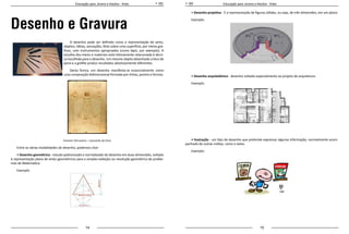 14 15
Educação para Jovens e Adultos - Artes Educação para Jovens e Adultos - Artes
Desenho e Gravura
O desenho pode ser definido como a representação de seres,
objetos, idéias, sensações, feita sobre uma superfície, por meios grá-
ficos, com instrumentos apropriados (como lápis, por exemplo). A
escolha dos meios e materiais está intimamente relacionada à técni-
ca escolhida para o desenho. Um mesmo objeto desenhado a bico de
pena e a grafite produz resultados absolutamente diferentes.
Desta forma, um desenho manifesta-se essencialmente como
uma composição bidimensional formada por linhas, pontos e formas.
Homem Vitruviano – Leonardo da Vinci
Entre as várias modalidades de desenho, podemos citar:
• Desenho geométrico - estudo padronizado e normatizado do desenho em duas dimensões, voltado
à representação plana de entes geométricos para a simples exibição ou resolução geométrica de proble-
mas de Matemática.
Exemplo:
• Desenho projetivo - É a representação de figuras sólidas, ou seja, de três dimensões, em um plano.
Exemplo:
• Desenho arquitetônico - desenho voltado especialmente ao projeto de arquitetura.
Exemplo:
• Ilustração - um tipo de desenho que pretende expressar alguma informação, normalmente acom-
panhado de outras mídias, como o texto.
Exemplo:
 
