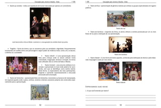 62 63
Educação para Jovens e Adultos - Artes Educação para Jovens e Adultos - Artes
•	 Stand-up comedy – indica um espetáculo de humor executado por apenas um comediante.	
José Vasconcelos e Bruno Motta: o pioneiro e a nova geração da comédia Stand Up juntos.
•	 Tragédia – forma de drama, que se caracteriza pela sua seriedade e dignidade, frequentemente
envolvendo um conflito entre uma personagem e algum poder de instância maior, como a lei, os deuses,
o destino ou a sociedade.
•	 Teatro Infantil – é uma apresentação cênica
feita para crianças onde os atores utilizam muita
criatividade, imaginação, fantasia e emoção. Os temas
mais utilizados são os contos de fadas e fábulas.
•	 Teatro Invisível – uma cena do cotidiano é en-
cenada e apresentada no local onde poderia ter acon-
tecido, sem que se identifique como evento teatral.
Desta forma, os espectadores são reais participantes,
reagindo e opinando espontaneamente à discussão
provocada pela encenação.
•	 Teatro de Fantoches – apresentação feita com fantoches, marionetes ou bonecos de manipulação,
em especial aqueles onde o palco, cortinas, cenários e demais caracteres próprios são construídos espe-
cialmente para a apresentação.
•	 Teatro de Rua – apresentação de gêneros teatrais por artistas ou grupos especializados em lugares
públicos.	
Teatro de rua
•	 Teatro de Sombras – originário da China, os atores utilizam a sombra provocada por um ou mais
feixes de luz para a realização de sua apresentação.
Teatro de Sombras
•	 Teatro Kabuki – é uma forma de teatro japonês, conhecida pela estilização do drama e pela elabo-
rada maquiagem usada por seus atores.
Teatro Kabuki
Expressando suas ideias
1. O que você entende por teatro?
_____________________________________________________________________________________
_____________________________________________________________________________________
_____________________________________________________________________________________
 