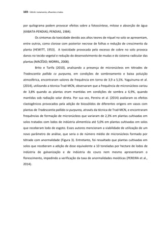103 - ÁGUA: tratamento, efluentes e lodos
por quilograma podem provocar efeitos sobre a fotossíntese, mitose e absorção de água
(KABATA-PENDIAS; PENDIAS, 1984).
Os sintomas da toxicidade devido aos altos teores de níquel no solo se apresentam,
entre outros, como clorose com posterior necrose de folhas e redução de crescimento da
planta (HEWITT, 1953). A toxicidade provocada pelo excesso de cobre no solo provoca
danos no tecido vegetal e redução do desenvolvimento de mudas e do sistema radicular das
plantas (MACÊDO; MORRIL, 2008).
Brito e Tarifa (2010), analisando a presença de micronúcleos em tétrades de
Tradescantia pallida cv purpurea, em condições de sombreamento e baixa poluição
atmosférica, encontraram valores de frequência em torno de 3,9 a 5,5%. Yaguinuma et al.
(2014), utilizando a técnica Trad-MCN, observaram que a frequência de micronúcleos variou
de 3,8% quando as plantas eram mantidas em condições de sombra a 6,9%, quando
mantidas sob radiação solar direta. Por sua vez, Pereira et al. (2014) avaliaram os efeitos
clastogênicos provocados pela adição de biossólidos de diferentes origens em vasos com
plantas de Tradescantia pallida cv purpurea, através da técnica de Trad-MCN, e encontraram
frequências de formação de micronúcleos que variaram de 2,3% em plantas cultivadas em
solos tratados com lodos de indústria alimentícia até 5,0% em plantas cultivadas em solos
que receberam lodo de esgoto. Esses autores mencionam a viabilidade de utilização de um
novo parâmetro de análise, que seria o de número médio de micronúcleos formado por
tétrade com anormalidade (Figura 3). Entretanto, foi ressaltado que plantas cultivadas em
solos que receberam a adição de dose equivalente a 10 toneladas por hectare de lodos de
indústria de galvanização e de indústria do couro nem mesmo apresentaram o
florescimento, impedindo a verificação da taxa de anormalidades meióticas (PEREIRA et al.,
2014).
 