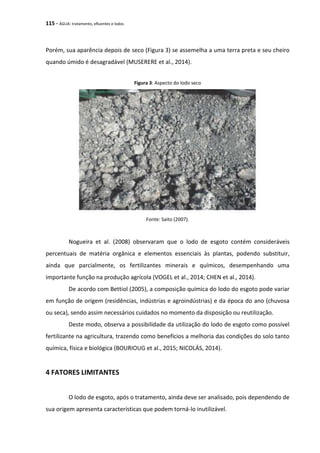 115 - ÁGUA: tratamento, efluentes e lodos
Porém, sua aparência depois de seco (Figura 3) se assemelha a uma terra preta e seu cheiro
quando úmido é desagradável (MUSERERE et al., 2014).
Figura 3: Aspecto do lodo seco
Fonte: Saito (2007).
Nogueira et al. (2008) observaram que o lodo de esgoto contém consideráveis
percentuais de matéria orgânica e elementos essenciais às plantas, podendo substituir,
ainda que parcialmente, os fertilizantes minerais e químicos, desempenhando uma
importante função na produção agrícola (VOGEL et al., 2014; CHEN et al., 2014).
De acordo com Bettiol (2005), a composição química do lodo do esgoto pode variar
em função de origem (residências, indústrias e agroindústrias) e da época do ano (chuvosa
ou seca), sendo assim necessários cuidados no momento da disposição ou reutilização.
Deste modo, observa a possibilidade da utilização do lodo de esgoto como possível
fertilizante na agricultura, trazendo como benefícios a melhoria das condições do solo tanto
química, física e biológica (BOURIOUG et al., 2015; NICOLÁS, 2014).
4 FATORES LIMITANTES
O lodo de esgoto, após o tratamento, ainda deve ser analisado, pois dependendo de
sua origem apresenta características que podem torná-lo inutilizável.
 