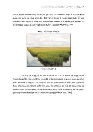 Renata Ribeiro de Araújo, Leonice Seolin Dias e Sandra Medina Benini (Orgs.) - 34
custos, porém apresenta alto volume de água para ser realizada a irrigação e necessita de
uma área plana para sua utilização. Entretanto, devido à grande quantidade de água
utilizada e por esta estar sobre toda superfície do terreno, é o método que apresenta o
maior risco à saúde e contaminação dos trabalhadores (BERNARDO et al., 2005).
Figura 1: Irrigação por inundação
Fonte: Portal LJ (2014).
O método de irrigação por sulcos (Figura 2) é outra técnica de irrigação por
inundação, porém este consiste na condução de água através de pequenos canais ou sulcos
entre as linhas de plantio. Este é um dos métodos mais antigos já registrados, apresenta
baixa eficiência, alto volume gasto com água, alta utilização de mão de obra, perigo de
erosão, mas é de baixo custo em sua instalação e assim como a inundação apresenta alto
grau de periculosidade com relação à contaminação (BERNARDO et al., 2005).
 