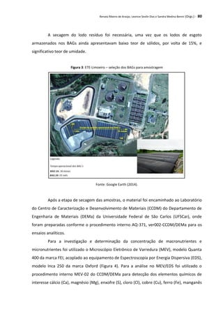 Renata Ribeiro de Araújo, Leonice Seolin Dias e Sandra Medina Benini (Orgs.) - 80
A secagem do lodo resíduo foi necessária, uma vez que os lodos de esgoto
armazenados nos BAGs ainda apresentavam baixo teor de sólidos, por volta de 15%, e
significativo teor de umidade.
Figura 3: ETE-Limoeiro – seleção dos BAGs para amostragem
Fonte: Google Earth (2014).
Após a etapa de secagem das amostras, o material foi encaminhado ao Laboratório
do Centro de Caracterização e Desenvolvimento de Materiais (CCDM) do Departamento de
Engenharia de Materiais (DEMa) da Universidade Federal de São Carlos (UFSCar), onde
foram preparadas conforme o procedimento interno AQ-371, ver002-CCDM/DEMa para os
ensaios analíticos.
Para a investigação e determinação da concentração de macronutrientes e
micronutrientes foi utilizado o Microscópio Eletrônico de Varredura (MEV), modelo Quanta
400 da marca FEI, acoplado ao equipamento de Espectroscopia por Energia Dispersiva (EDS),
modelo Inca 250 da marca Oxford (Figura 4). Para a análise no MEV/EDS foi utilizado o
procedimento interno MEV-02 do CCDM/DEMa para detecção dos elementos químicos de
interesse cálcio (Ca), magnésio (Mg), enxofre (S), cloro (Cl), cobre (Cu), ferro (Fe), manganês
 
