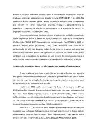 Renata Ribeiro de Araújo, Leonice Seolin Dias e Sandra Medina Benini (Orgs.) - 94
humana a poluentes ambientais e dando suporte às determinações dos possíveis riscos das
mudanças ambientais ao ecossistema e à saúde humana (STEINKELLNER et al., 1998). São
medidas de fluidos corporais, células, tecidos ou medidas realizadas sobre os organismos
que indicam, em termos bioquímicos, celulares, fisiológicos, comportamentais ou
energéticos, a presença de substâncias contaminantes ou a magnitude da resposta do
organismo alvo (McCARTHY; SHUGART, 1990).
Estudos com plantas de Nicotiana tabacum e Tradescantia pallida foram realizados
com o objetivo de avaliar os efeitos da poluição atmosférica sobre estes bioindicadores
(CUNHA, 2004; SAVÓIA, 2007). Comunidades de microartrópodes (VAN STRAALEN, 1997) e o
mexilhão Mytilus edulis (BOURGOIN, 1990) foram analisados para avaliação da
contaminação do solo e da água por metais. Desta forma, os processos antrópicos que
interferem na diversidade genética de organismos ou alteram a microbiota edáfica podem
contribuir para a degradação da qualidade do solo e o uso de bioindicadores mostra-se
como uma ferramenta importante na avaliação desta degradação (LAMBAIS et al., 2005).
5.1 Bioensaios envolvendo plantas em solos tratados com lodos de diferentes origens
O uso de plantas superiores na detecção de agentes ambientais com potencial
mutagênico tem crescido nos últimos anos. Os testes de genotoxicidade com plantas podem
ser úteis na etapa de avaliação de risco genotóxico para seres humanos quando estes
estiverem em contato com os materiais testados.
Hopke et al. (1982) avaliaram a mutagenicidade do lodo de esgoto em Chicago
(EUA) utilizando o bioensaio de micronúcleo em Tradescantia e de pólen ceroso em milho.
Por sua vez, Mielli (2008) comparou a resposta de plantas de Tradescantia pallida e do clone
4430 em contato com extratos aquosos de lodo de esgoto e com lodo de esgoto incorporado
ao solo, utilizando o bioensaio Trad-MCN, e concluiu que a exposição de plantas enraizadas
em solos tratados com lodos representa o método mais sensível.
Brossi et al. (2008) realizaram testes de aberrações cromossômicas e micronúcleos
em cebola para análises de efeitos genotóxicos e mutagênicos em amostras de solo tratadas
com diferentes doses de lodo de esgoto. Ainda segundo Mielli (2008), existem muitos
estudos com solos contaminados (GILL; SANDHU, 1992; STEINKELLNER et al., 1998).
 
