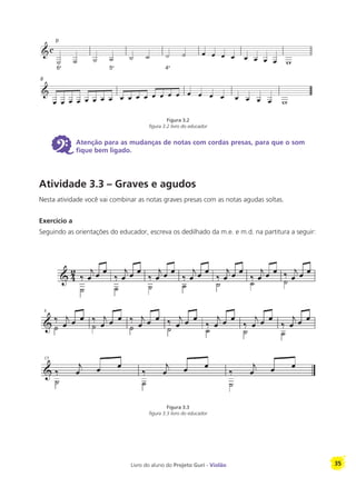 Livro do aluno do Projeto Guri - Violão 35
Figura 3.2
figura 3.2 livro do educador
6 Atenção para as mudanças de notas com cordas presas, para que o som
fique bem ligado.
Atividade 3.3 – Graves e agudos
Nesta atividade você vai combinar as notas graves presas com as notas agudas soltas.
Exercício a
Seguindo as orientações do educador, escreva os dedilhado da m.e. e m.d. na partitura a seguir:
Figura 3.3
figura 3.3 livro do educador
ª ª ª
 