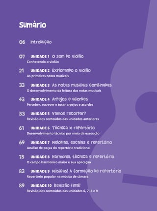 Introdução
Sumário
UNIDADE 1 O som do violão
Conhecendo o violão
UNIDADE 2 Explorando o violão
As primeiras notas musicais
UNIDADE 3 As notas musicais combinadas
O desenvolvimento da leitura das notas musicais
UNIDADE 4 Arpejos e acordes
Perceber, escrever e tocar arpejos e acordes
UNIDADE 5 Vamos recordar?
Revisão dos conteúdos das unidades anteriores
UNIDADE 6 Técnica X repertório
Desenvolvimento técnico por meio da execução
UNIDADE 7 Melodias, escalas e repertório
Análise de peças do repertório tradicional
UNIDADE 8 Harmonia, técnica e repertório
O campo harmônico maior e sua aplicação
UNIDADE 9 Músicas! A formação de repertório
Repertório popular na música de câmara
UNIDADE 10 Revisão final!
Revisão dos conteúdos das unidades 6, 7, 8 e 9
06
07
21
33
43
53
61
69
75
83
89
 