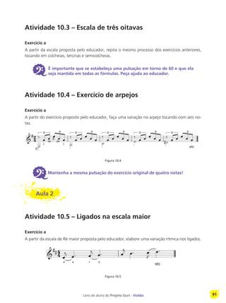 Livro do aluno do Projeto Guri - Violão 91
Atividade 10.3 – Escala de três oitavas
Exercício a
A partir da escala proposta pelo educador, repita o mesmo processo dos exercícios anteriores,
tocando em colcheias, tercinas e semicolcheias.
6 É importante que se estabeleça uma pulsação em torno de 60 e que ela
seja mantida em todas as fórmulas. Peça ajuda ao educador.
Atividade 10.4 – Exercício de arpejos
Exercício a
A partir do exercício proposto pelo educador, faça uma variação no arpejo tocando com seis no-
tas.
Figura 10.4
6Mantenha a mesma pulsação do exercício original de quatro notas!
Aula 2
Atividade 10.5 – Ligados na escala maior
Exercício a
A partir da escala de Ré maior proposta pelo educador, elabore uma variação rítmica nos ligados.
Figura 10.5
p
i
m
a
m
i
etc
2 4 1 2
etc
 