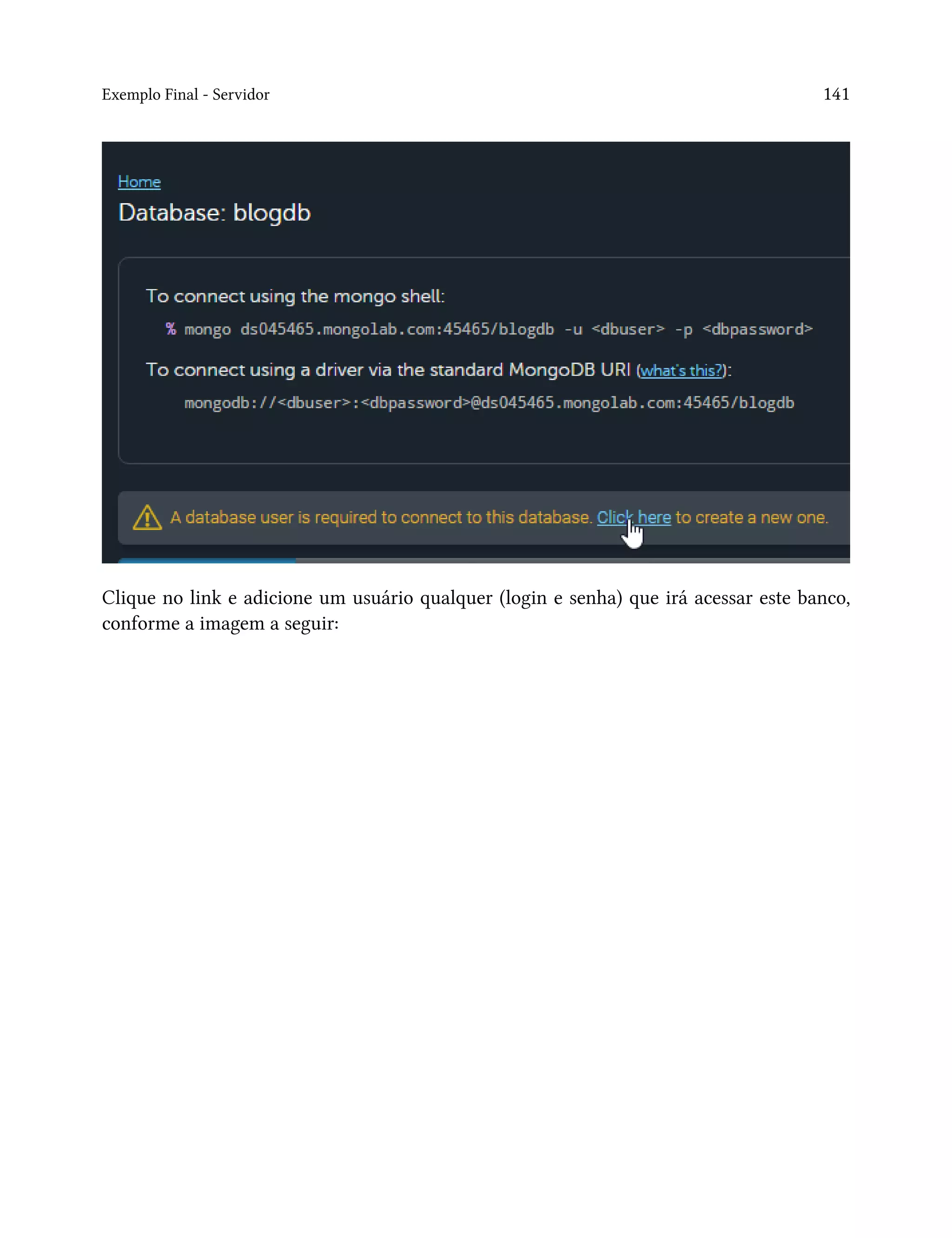 Exemplo Final - Servidor 141
Clique no link e adicione um usuário qualquer (login e senha) que irá acessar este banco,
conforme a imagem a seguir:
 
