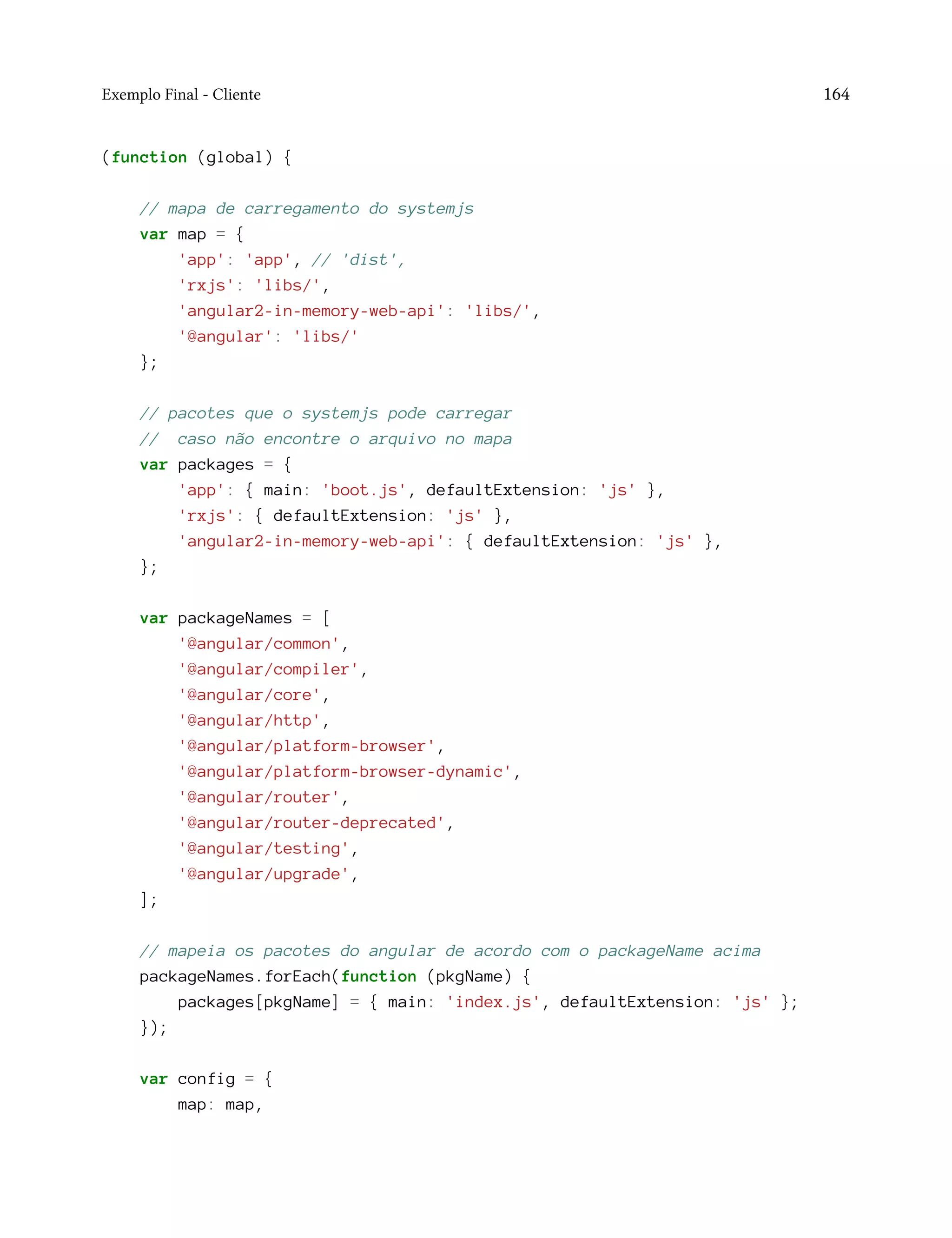 Exemplo Final - Cliente 164
(function (global) {
// mapa de carregamento do systemjs
var map = {
'app': 'app', // 'dist',
'rxjs': 'libs/',
'angular2-in-memory-web-api': 'libs/',
'@angular': 'libs/'
};
// pacotes que o systemjs pode carregar
// caso não encontre o arquivo no mapa
var packages = {
'app': { main: 'boot.js', defaultExtension: 'js' },
'rxjs': { defaultExtension: 'js' },
'angular2-in-memory-web-api': { defaultExtension: 'js' },
};
var packageNames = [
'@angular/common',
'@angular/compiler',
'@angular/core',
'@angular/http',
'@angular/platform-browser',
'@angular/platform-browser-dynamic',
'@angular/router',
'@angular/router-deprecated',
'@angular/testing',
'@angular/upgrade',
];
// mapeia os pacotes do angular de acordo com o packageName acima
packageNames.forEach(function (pkgName) {
packages[pkgName] = { main: 'index.js', defaultExtension: 'js' };
});
var config = {
map: map,
 