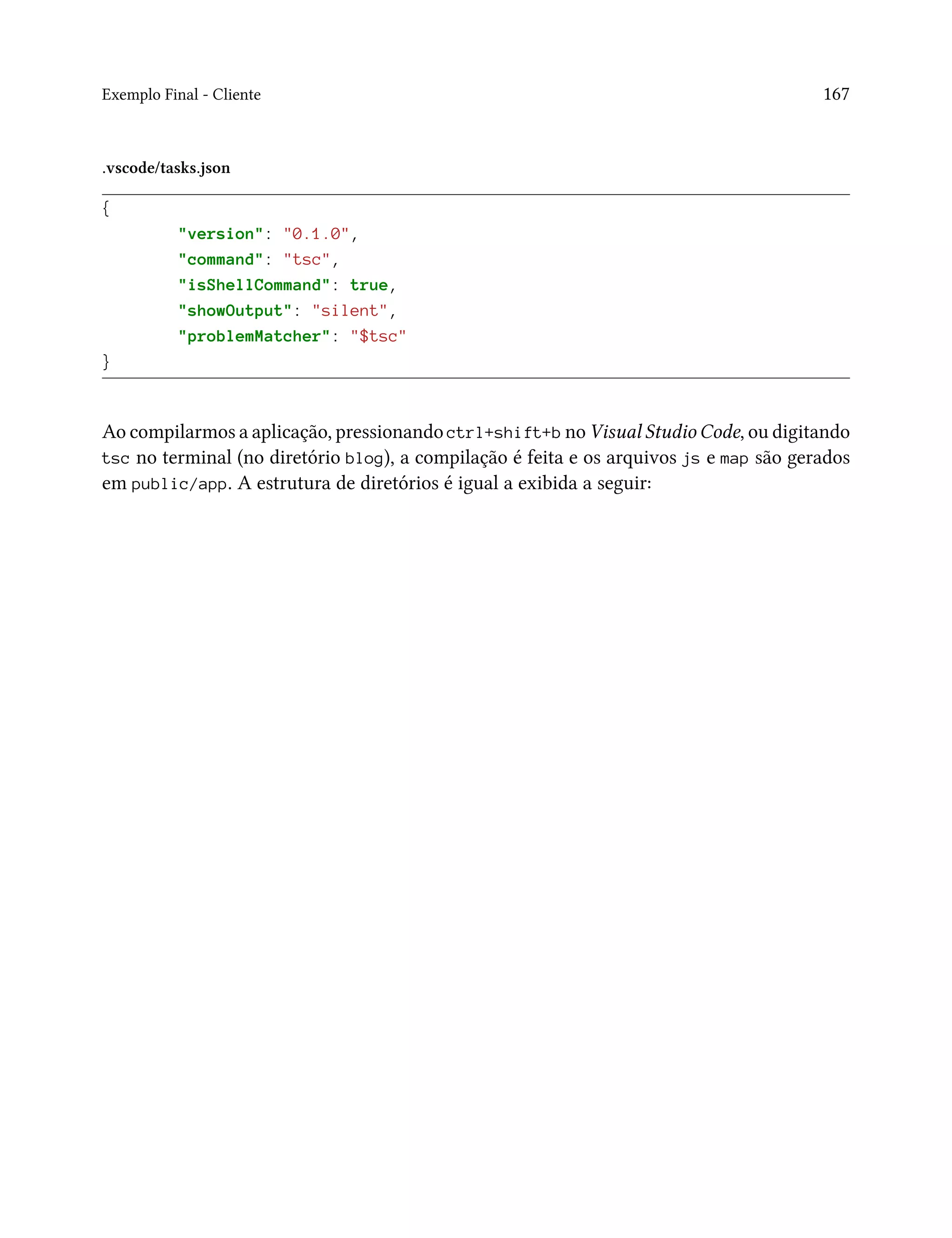 Exemplo Final - Cliente 167
.vscode/tasks.json
{
"version": "0.1.0",
"command": "tsc",
"isShellCommand": true,
"showOutput": "silent",
"problemMatcher": "$tsc"
}
Ao compilarmos a aplicação, pressionando ctrl+shift+b no Visual Studio Code, ou digitando
tsc no terminal (no diretório blog), a compilação é feita e os arquivos js e map são gerados
em public/app. A estrutura de diretórios é igual a exibida a seguir:
 