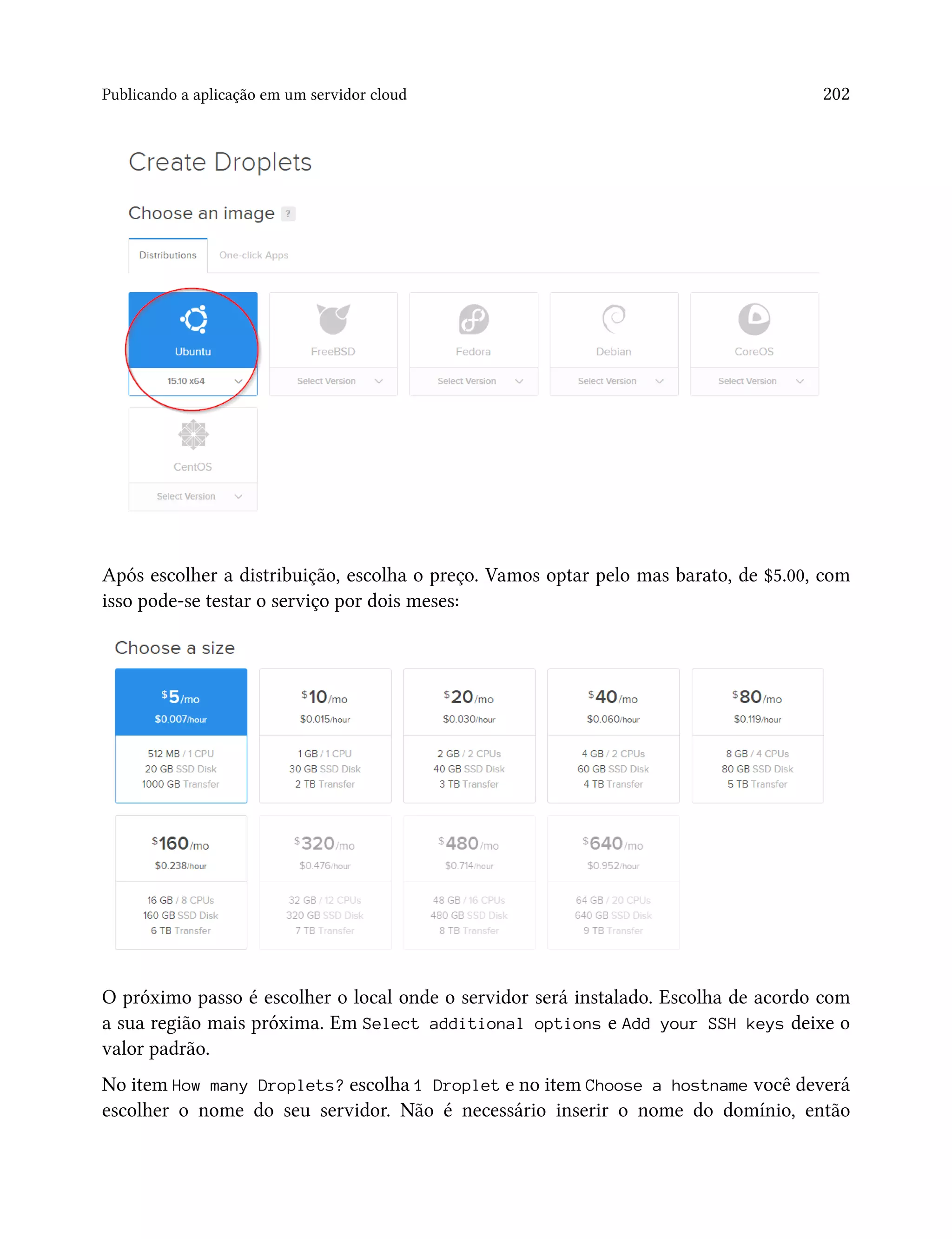 Publicando a aplicação em um servidor cloud 202
Após escolher a distribuição, escolha o preço. Vamos optar pelo mas barato, de $5.00, com
isso pode-se testar o serviço por dois meses:
O próximo passo é escolher o local onde o servidor será instalado. Escolha de acordo com
a sua região mais próxima. Em Select additional options e Add your SSH keys deixe o
valor padrão.
No item How many Droplets? escolha 1 Droplet e no item Choose a hostname você deverá
escolher o nome do seu servidor. Não é necessário inserir o nome do domínio, então
 