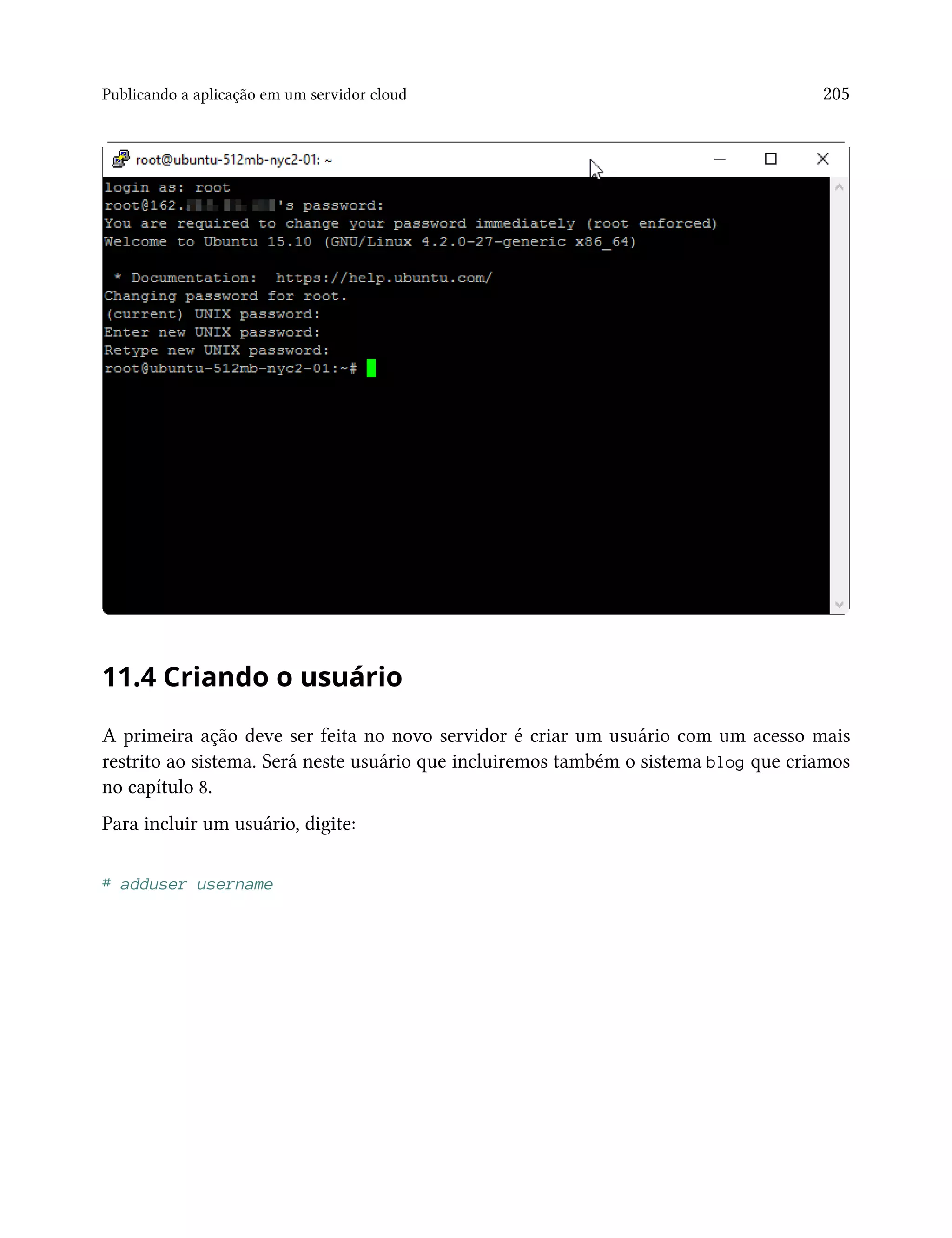Publicando a aplicação em um servidor cloud 205
11.4 Criando o usuário
A primeira ação deve ser feita no novo servidor é criar um usuário com um acesso mais
restrito ao sistema. Será neste usuário que incluiremos também o sistema blog que criamos
no capítulo 8.
Para incluir um usuário, digite:
# adduser username
 
