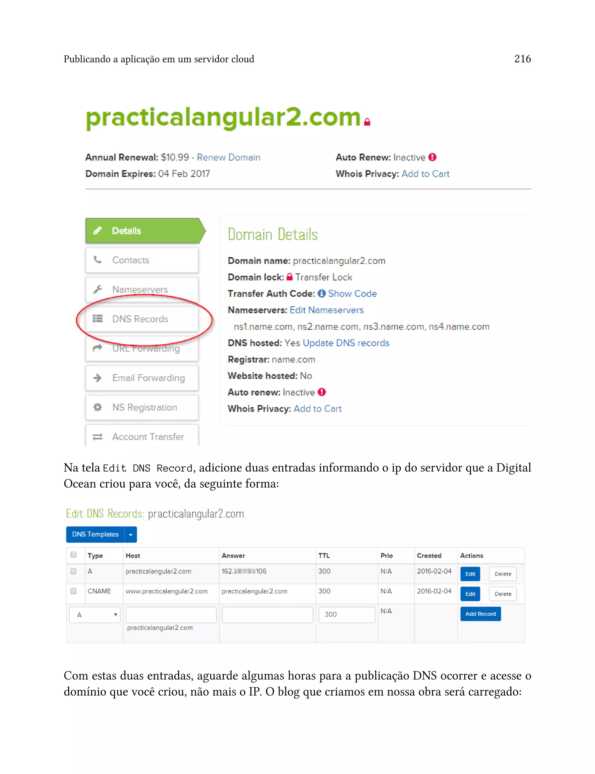 Publicando a aplicação em um servidor cloud 216
Na tela Edit DNS Record, adicione duas entradas informando o ip do servidor que a Digital
Ocean criou para você, da seguinte forma:
Com estas duas entradas, aguarde algumas horas para a publicação DNS ocorrer e acesse o
domínio que você criou, não mais o IP. O blog que criamos em nossa obra será carregado:
 