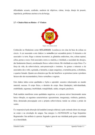 Eduardo Coelho Página 10 Apostila Versão 1.1
dificuldades sexuais, confusão, ausência de objetivos, ciúme, inveja, desejo de possuir,
impotência, problemas uterinos e/ou de bexiga.
2.7 - Chakra Raiz ou Básico - 1º Chakra
Figura: www.shama.com.br
Conhecido no Hinduísmo como MULADHARA. Localiza-se em cima da base da coluna ou
cóccix. A cor associada a este chakra é a vermelha (cor secundária preto). O elemento a ele
associado é a terra. Rege o sistema locomotor, as glândulas endócrinas, rins, coluna espinal,
cólon, pernas e ossos. Está associado a terra e a matéria, a vitalidade, a saciedade dos desejos,
dar fundamento (bases), coordenação física e sobrevivência. Dá vitalidade ao corpo físico. É a
força da vida, da sobrevivência, auto-preservação e instintos. As gemas e minerais a ele
associados são o rubi, a granada, a hematita, o jaspe sanguíneo, a turmalina preta, a obsidiana,
o quartzo fumado. Quanto aos alimentos que lhe são benéficos: as proteínas (carne e produtos
lácteos não são recomendados), frutos vermelhos e vegetais.
Este chakra indica como qualidades e lições a aprender: assuntos relacionados ao mundo
material, sucesso. O corpo físico, o domínio do corpo. Base (fundação), individualidade,
estabilidade, segurança, imobilidade, tranqüilidade, saúde, coragem, paciência.
Pode também manifestar como qualidades negativas, se a pessoa estiver funcionando numa
baixa vibração, as seguintes características: egocentrismo, insegurança, violência, ganância,
fúria; demasiada preocupação com a própria sobrevivência; tensão na coluna e prisão de
ventre.
É o responsável pela absorção da kundalini (energia telúrica) e pelo estímulo direto da energia
no corpo e na circulação do sangue. Sua energia é o KUNDALINI ou Fogo Serpentino
Regenerador. Seu atributo é a pureza. Segundo o grau de sua vitalidade pode gerar a castidade
ou a imoralidade.
 