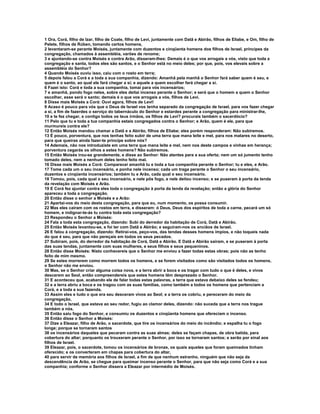 1 Ora, Corá, filho de Izar, filho de Coate, filho de Levi, juntamente com Datã e Abirão, filhos de Eliabe, e Om, filho de 
Pelete, filhos de Rúben, tomando certos homens, 
2 levantaram-se perante Moisés, juntamente com duzentos e cinqüenta homens dos filhos de Israel, príncipes da 
congregação, chamados à assembléia, varões de renome; 
3 e ajuntando-se contra Moisés e contra Arão, disseram-lhes: Demais é o que vos arrogais a vós, visto que toda a 
congregação e santa, todos eles são santos, e o Senhor está no meio deles; por que, pois, vos elevais sobre a 
assembléia do Senhor? 
4 Quando Moisés ouviu isso, caiu com o rosto em terra; 
5 depois falou a Corá e a toda a sua companhia, dizendo: Amanhã pela manhã o Senhor fará saber quem é seu, e 
quem é o santo, ao qual ele fará chegar a si; e aquele a quem escolher fará chegar a si. 
6 Fazei isto: Corá e toda a sua companhia, tomai para vós incensários; 
7 e amanhã, pondo fogo neles, sobre eles deitai incenso perante o Senhor; e será que o homem a quem o Senhor 
escolher, esse será o santo; demais é o que vos arrogais a vós, filhos de Levi. 
8 Disse mais Moisés a Corá: Ouvi agora, filhos de Levi! 
9 Acaso é pouco para vós que o Deus de Israel vos tenha separado da congregação de Israel, para vos fazer chegar 
a si, a fim de fazerdes o serviço do tabernáculo do Senhor e estardes perante a congregação para ministrar-lhe, 
10 e te fez chegar, e contigo todos os teus irmãos, os filhos de Levi? procurais também o sacerdócio? 
11 Pelo que tu e toda a tua companhia estais congregados contra o Senhor; e Arão, quem é ele, para que 
murmureis contra ele? 
12 Então Moisés mandou chamar a Datã e a Abirão, filhos de Eliabe; eles porém responderam: Não subiremos. 
13 É pouco, porventura, que nos tenhas feito subir de uma terra que mana leite e mel, para nos matares no deserto, 
para que queiras ainda fazer-te príncipe sobre nós? 
14 Ademais, não nos introduziste em uma terra que mana leite e mel, nem nos deste campos e vinhas em herança; 
porventura cegarás os olhos a estes homens? Não subiremos. 
15 Então Moisés irou-se grandemente, e disse ao Senhor: Não atentes para a sua oferta; nem um só jumento tenho 
tomado deles, nem a nenhum deles tenho feito mal. 
16 Disse mais Moisés a Corá: Comparecei amanhã tu e toda a tua companhia perante o Senhor; tu e eles, e Arão. 
17 Tome cada um o seu incensário, e ponha nele incenso; cada um traga perante o Senhor o seu incensário, 
duzentos e cinqüenta incensários; também tu e Arão, cada qual o seu incensário. 
18 Tomou, pois, cada qual o seu incensário, e nele pôs fogo, e nele deitou incenso; e se puseram à porta da tenda 
da revelação com Moisés e Arão. 
19 E Corá fez ajuntar contra eles toda o congregação à porta da tenda da revelação; então a glória do Senhor 
apareceu a toda a congregação. 
20 Então disse o senhor a Moisés e a Arão: 
21 Apartai-vos do meio desta congregação, para que eu, num momento, os possa consumir. 
22 Mas eles caíram com os rostos em terra, e disseram: ó Deus, Deus dos espíritos de toda a carne, pecará um só 
homem, e indignar-te-ás tu contra toda esta congregação? 
23 Respondeu o Senhor a Moisés: 
24 Fala a toda esta congregação, dizendo: Subi do derredor da habitação de Corá, Datã e Abirão. 
25 Então Moisés levantou-se, e foi ter com Datã e Abirão; e seguiram-nos os anciãos de Israel. 
26 E falou à congregação, dizendo: Retirai-vos, peço-vos, das tendas desses homens ímpios, e não toqueis nada 
do que é seu, para que não pereçais em todos os seus pecados. 
27 Subiram, pois, do derredor da habitação de Corá, Datã e Abirão. E Datã e Abirão saíram, e se puseram à porta 
das suas tendas, juntamente com suas mulheres, e seus filhos e seus pequeninos. 
28 Então disse Moisés: Nisto conhecereis que o Senhor me enviou a fazer todas estas obras; pois não as tenho 
feito de mim mesmo. 
29 Se estes morrerem como morrem todos os homens, e se forem visitados como são visitados todos os homens, 
o Senhor não me enviou. 
30 Mas, se o Senhor criar alguma coisa nova, e a terra abrir a boca e os tragar com tudo o que é deles, e vivos 
descerem ao Seol, então compreendereis que estes homens têm desprezado o Senhor. 
31 E aconteceu que, acabando ele de falar todas estas palavras, a terra que estava debaixo deles se fendeu; 
32 e a terra abriu a boca e os tragou com as suas famílias, como também a todos os homens que pertenciam a 
Corá, e a toda a sua fazenda. 
33 Assim eles e tudo o que era seu desceram vivos ao Seol; e a terra os cobriu, e pereceram do meio da 
congregação, 
34 E todo o Israel, que estava ao seu redor, fugiu ao clamor deles, dizendo: não suceda que a terra nos trague 
também a nós. 
35 Então saiu fogo do Senhor, e consumiu os duzentos e cinqüenta homens que ofereciam o incenso. 
36 Então disse o Senhor a Moisés: 
37 Dize a Eleazar, filho de Arão, o sacerdote, que tire os incensários do meio do incêndio; e espalha tu o fogo 
longe; porque se tornaram santos 
38 os incensários daqueles que pecaram contra as suas almas; deles se façam chapas, de obra batida, para 
cobertura do altar; porquanto os trouxeram perante o Senhor, por isso se tornaram santos; e serão por sinal aos 
filhos de Israel. 
39 Eleazar, pois, o sacerdote, tomou os incensários de bronze, os quais aqueles que foram queimados tinham 
oferecido; e os converteram em chapas para cobertura do altar, 
40 para servir de memória aos filhos de Israel, a fim de que nenhum estranho, ninguém que não seja da 
descendência de Arão, se chegue para queimar incenso perante o Senhor, para que não seja como Corá e a sua 
companhia; conforme o Senhor dissera a Eleazar por intermédio de Moisés. 
 