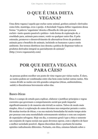 O QUE É UMA DIETA
                      VEGANA?
Uma dieta vegana é aquela que exclue carne animal, gordura animal e derivados
como leite, manteiga, ovos e queijo. A Sociedade Vegana define veganismo dessa
forma: “A palavra 'veganismo' denota a filosofia de vida que procura
excluir—tanto quanto possível e prático-- toda forma de exploração de, e
crueldade para, animais para comer, vestir ou qualquer outro fim. E pela
extensão, promover o desenvolvimento de alternativas livres de produtos
animais para o benefício de animais, incluindo os humanos e para o meio
ambiente. Em termos dietéticos isso denota a prática de dispensar todos os
produtos derivados integral ou parcialmente de animais”.
(http://www.vegansociety.com)




          POR QUE DIETA VEGANA
               PARA CÃES?
As pessoas podem escolher um ponto de vista vegano por várias razões. É claro,
as razões podem ser combinadas entre elas bem como incluir outras razões. Nós
vamos dividir as razões em três grandes categorias (éticas, ambientalistas,
saúde) e discutiremos brevemente sobre elas.



Bases éticas
Ética é o campo de estudo para explicar, elaborar e justificar princípios e regras
coerentes que governam o comportamento social que pode impactar
significativamente (e de maneira não trivial) os outros. Talvez de modo mais
simples, ética é a exploração de como devemos nos comportar perante o outro.
Há muitas teorias de éticas, e na sua maioria formuladas há muito tempo atrás
por pessoas com uma mentalidade extremamente místicas e com um conjunto
de suposições selvagens. Hoje em dia, o consenso geral é que a ética e somente
um conjunto de regras sociais nas quais devemos operar, com o objetivo de fazer
a melhor sociedade possível. Alguns discordam disso e portanto há muitas
opiniões radicalmente diferentes. Portanto, em ética, estamos falando sobre o
 