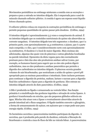 Movimentos peristálticos no estômago misturam a comida com as secreções e
prepara-a para a entrada no intestino delgado. Ela é empurrada para o anel de
músculo chamado esfíncter pilórico. A comida é agora um espesso semi-líquido
leitoso chamado quimo.

O esfíncter pilórico relaxa em resposta às contrações peristálticas do estômago e
permite pequenas quantidades de quimo passar pelo duodeno. (Collins, 1994)

O intestino delgado é aproximadamente 3,5 vezes o comprimento do animal. É
no intestino delgado que os conteúdos nutricionais do quimo são absorvidos na
corrente sanguínea. O intestino delgado tem três segmentos: o duodeno, que é a
primeira parte, com aproximadamente 25,4 centímetros; o jejuno, que é a parte
mais comprida; e o íleo, que é consideravelmente curto com aproximadamente
15 centímetros. O duodeno é o local de maior digestão. Mais enzimas são
adicionadas, algumas das quais vem do pâncreas e outras glândulas localizadas
na parede intestinal. Oponentes da dieta vegana para cães normalmente
pontuam para o fato dos cães não produzirem amilase salivar (como, por
exemplo, os humanos fazem) para sugerir que os cães não podem digerir
carboidratos, mas os cães produzem a amilase pancreática que permite a
digestão dos carboidratos no intestino delgado. O pâncreas secreta grandes
volumes de sais bicarbonados, que neutralizam a acidez do quimo e provê pH
apropriado para as enzimas pancreáticas e intestinais. Estes incluem proteases
para continuar a digestão de proteína, maltase, lactase e sucrase para a digestão
final dos carboidratos e lipase para a digestão de gorduras. Eles entram no
intestino delgado através do duto pancreático. (Collins, 1994)

A Bile é produzida no fígado e armazenada na vesícula biliar. Sua função
primária é a emulsificação das gorduras ingeridas e ativação de certas lipases. A
gordura é transformada em micelas, que são pequenos glóbulos solúveis em
água. Micelas irão atuar com a lipase e eventualmente absorvidas através da
parede intestinal até o fluxo sanguíneo. O fígado também converte o glicogênio,
a forma de armazenamento do açúcar, em açúcares que o corpo pode usar para
energia rápida. (Collins, 1994)

Os hormônios secretina e pancreozimina também participam da digestão. A
secretina, que é produzida pela parede do duodeno, estimula a liberação do
bicarbonato e controla a taxa do fluxo da bile na visícula bilear. A pancreozimina
 