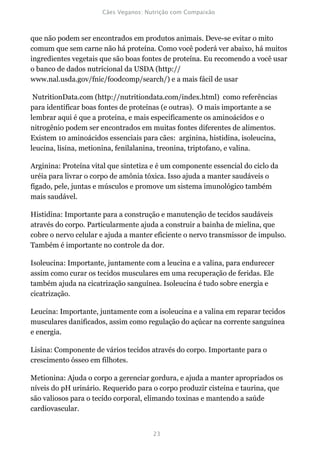 que não podem ser encontrados em produtos animais. Deve-se evitar o mito
comum que sem carne não há proteína. Como você poderá ver abaixo, há muitos
ingredientes vegetais que são boas fontes de proteína. Eu recomendo a você usar
o banco de dados nutricional da USDA (http://
www.nal.usda.gov/fnic/foodcomp/search/) e a mais fácil de usar

 NutritionData.com (http://nutritiondata.com/index.html) como referências
para identificar boas fontes de proteínas (e outras). O mais importante a se
lembrar aqui é que a proteína, e mais especificamente os aminoácidos e o
nitrogênio podem ser encontrados em muitas fontes diferentes de alimentos.
Existem 10 aminoácidos essenciais para cães: arginina, histidina, isoleucina,
leucina, lisina, metionina, fenilalanina, treonina, triptofano, e valina.

Arginina: Proteína vital que sintetiza e é um componente essencial do ciclo da
uréia para livrar o corpo de amônia tóxica. Isso ajuda a manter saudáveis o
fígado, pele, juntas e músculos e promove um sistema imunológico também
mais saudável.

Histidina: Importante para a construção e manutenção de tecidos saudáveis
através do corpo. Particularmente ajuda a construir a bainha de mielina, que
cobre o nervo celular e ajuda a manter eficiente o nervo transmissor de impulso.
Também é importante no controle da dor.

Isoleucina: Importante, juntamente com a leucina e a valina, para endurecer
assim como curar os tecidos musculares em uma recuperação de feridas. Ele
também ajuda na cicatrização sanguínea. Isoleucina é tudo sobre energia e
cicatrização.

Leucina: Importante, juntamente com a isoleucina e a valina em reparar tecidos
musculares danificados, assim como regulação do açúcar na corrente sanguínea
e energia.

Lisina: Componente de vários tecidos através do corpo. Importante para o
crescimento ósseo em filhotes.

Metionina: Ajuda o corpo a gerenciar gordura, e ajuda a manter apropriados os
níveis do pH urinário. Requerido para o corpo produzir cisteína e taurina, que
são valiosos para o tecido corporal, elimando toxinas e mantendo a saúde
cardiovascular.
 