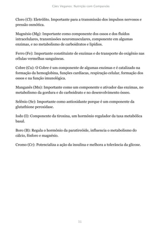 Cloro (Cl): Eletrólito. Importante para a transmissão dos impulsos nervosos e
pressão osmótica.

Magnésio (Mg): Importante como componente dos ossos e dos fluídos
intracelulares, transmissões neuromusculares, componente em algumas
enzimas, e no metabolismo de carboidratos e lipídios.

Ferro (Fe): Importante constituinte de enzimas e do transporte do oxigênio nas
células vermelhas sanguíneas.

Cobre (Cu): O Cobre é um componente de algumas enzimas e é catalizado na
formação da hemoglobina, funções cardíacas, respiração celular, formação dos
ossos e na função imunológica.

Manganês (Mn): Importante como um componente e ativador das enzimas, no
metabolismo da gordura e do carboidrato e no desenvolvimento ósseo.

Selênio (Se): Importante como antioxidante porque é um componente da
glutathione peroxidase.

Iodo (I): Componente da tiroxina, um hormônio regulador da taxa metabólica
basal.

Boro (B): Regula o hormônio da paratireóide, influencia o metabolismo do
cálcio, fósforo e magnésio.

Cromo (Cr): Potencializa a ação da insulina e melhora a tolerância da glicose.
 
