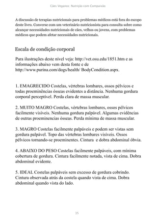 A discussão de terapias nutricionais para problemas médicos está fora do escopo
deste livro. Converse com um veterinário nutricionista para consulta sobre como
alcançar necessidades nutricionais de cães, velhos ou jovens, com problemas
médicos que podem afetar necessidades nutricionais.



Escala de condição corporal
Para ilustrações deste nível veja: http://vet.osu.edu/1851.htm e as
informações abaixo vem desta fonte e de
http://www.purina.com/dogs/health/ BodyCondition.aspx.


1. EMAGRECIDO Costelas, vértebras lombares, ossos pélvicos e
todas proeminências ósseas evidentes a distância. Nenhuma gordura
corporal perceptível. Perda clara de massa muscular.

2. MUITO MAGRO Costelas, vértebras lombares, ossos pélvicos
facilmente visíveis. Nenhuma gordura palpável. Algumas evidências
de outras proeminencias ósseas. Perda mínima de massa muscular.

3. MAGRO Costelas facilmente palpáveis e podem ser vistas sem
gordura palpável. Topo das vértebras lombares visíveis. Ossos
pélvicos tornando-se proeminentes. Cintura e dobra abdominal óbvia.

4. ABAIXO DO PESO Costelas facilmente palpáveis, com mínima
cobertura de gordura. Cintura facilmente notada, vista de cima. Dobra
abdominal evidente.

5. IDEAL Costelas palpáveis sem excesso de gordura cobrindo.
Cintura observada atrás da costela quando vista de cima. Dobra
abdominal quando vista do lado.
 