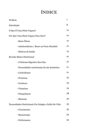 ÍNDICE
Prefácio                                                  7

Introdução                                                8

O Que É Uma Dieta Vegana?                                 10

Por Que Uma Dieta Vegana Para Cães?                       10

           - Bases Éticas                                 10

           - Ambientalismo / Bases na Fome Mundial        12

           - Motivos de Saúde                             13

Revisão Básica Nutricional                                16

           - O Sistema Digestivo dos Cães                 16

           - Necessidades nutricionais do cão doméstico   21

           - Carboidratos                                 21

           - Proteínas                                    22

           - Gorduras                                     25

           - Vitaminas                                    25

           - Fitoquímicos                                 28

           - Minerais                                     30

Necessidades Nutricionais Por Estágio e Estilo De Vida    33

           - Crescimento                                  33

           - Manutenção                                   34

           - Performance                                  34
 