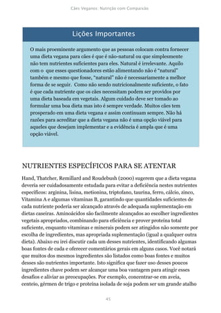 O mais proeminente argumento que as pessoas colocam contra fornecer
    uma dieta vegana para cães é que é não-natural ou que simplesmente
    não tem nutrientes suficientes para eles. Natural é irrelevante. Aquilo
    com o que esses questionadores estão alimentando não é “natural”
    também e mesmo que fosse, “natural” não é necessariamente a melhor
    forma de se seguir. Como não sendo nutricionalmente suficiente, o fato
    é que cada nutriente que os cães necessitam podem ser providos por
    uma dieta baseada em vegetais. Algum cuidado deve ser tomado ao
    formular uma boa dieta mas isto é sempre verdade. Muitos cães tem
    prosperado em uma dieta vegana e assim continuam sempre. Não há
    razões para acreditar que a dieta vegana não é uma opção viável para
    aqueles que desejam implementar e a evidência é ampla que é uma
    opção viável.




NUTRIENTES ESPECÍFICOS PARA SE ATENTAR
Hand, Thatcher, Remillard and Roudebush (2000) sugerem que a dieta vegana
deveria ser cuidadosamente estudada para evitar a deficiência nestes nutrientes
específicos: arginina, lisina, metionina, triptofano, taurina, ferro, cálcio, zinco,
Vitamina A e algumas vitaminas B, garantindo que quantidades suficientes de
cada nutriente poderia ser alcançado através de adequada suplementação em
dietas caseiras. Aminoácidos são facilmente alcançados ao escolher ingredientes
vegetais apropriados, combinando para eficiência e prover proteína total
suficiente, enquanto vitaminas e minerais podem ser atingidos não somente por
escolha de ingredientes, mas apropriada suplementação (igual a qualquer outra
dieta). Abaixo eu irei discutir cada um desses nutrientes, identificando algumas
boas fontes de cada e oferecer comentários gerais em alguns casos. Você notará
que muitos dos mesmos ingredientes são listados como boas fontes e muitos
desses são nutrientes importante. Isto significa que fazer uso desses poucos
ingredientes chave podem ser alcançar uma boa vantagem para atingir esses
desafios e aliviar as preocupações. Por exemplo, concentrar-se em aveia,
centeio, gérmen de trigo e proteína isolada de soja podem ser um grande atalho
 