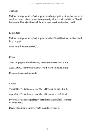 Taurina:

Melhor conseguida através de suplementação apropriada. A taurina usada em
comidas comerciais vegans e não veganas igualmente, são sintéticas. Ela está
facilmente disponível (exemplo http:// www.carnitine-taurine.com/)



L-carnitina:

Melhor conseguida através de suplementação. Ela está facilmente disponível
(e.g., http://

www.carnitine-taurine.com/).



Ferro:

Salsa (http://nutritiondata.com/facts-B00001-01c20iE.html);

Algas (http://nutritiondata.com/facts-B00001-01c20ib.html).

Ferro pode ser suplementado



Cálcio:

Tofu (http://nutritiondata.com/facts-B00001-01c21A3.html);

Ágar (http://nutritiondata.com/facts-B00001-01c20iZ.html);

Proteína isolada de soja (http://nutritiondata.com/facts-B00001-
01c219F.html).

Cálcio é facilmente suplementado quando necessário.
 