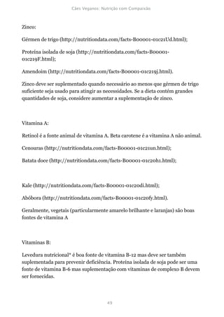 Zinco:

Gérmen de trigo (http://nutritiondata.com/facts-B00001-01c21Ud.html);

Proteína isolada de soja (http://nutritiondata.com/facts-B00001-
01c219F.html);

Amendoim (http://nutritiondata.com/facts-B00001-01c219j.html).

Zinco deve ser suplementado quando necessário ao menos que gérmen de trigo
suficiente seja usado para atingir as necessidades. Se a dieta contém grandes
quantidades de soja, considere aumentar a suplementação de zinco.



Vitamina A:

Retinol é a fonte animal de vitamina A. Beta carotene é a vitamina A não animal.

Cenouras (http://nutritiondata.com/facts-B00001-01c21un.html);

Batata doce (http://nutritiondata.com/facts-B00001-01c20h1.html);



Kale (http://nutritiondata.com/facts-B00001-01c20di.html);

Abóbora (http://nutritiondata.com/facts-B00001-01c20fy.html).

Geralmente, vegetais (particularmente amarelo brilhante e laranjas) são boas
fontes de vitamina A



Vitaminas B:

Levedura nutricional* é boa fonte de vitamina B-12 mas deve ser também
suplementada para prevenir deficiência. Proteína isolada de soja pode ser uma
fonte de vitamina B-6 mas suplementação com vitaminas de complexo B devem
ser fornecidas.
 