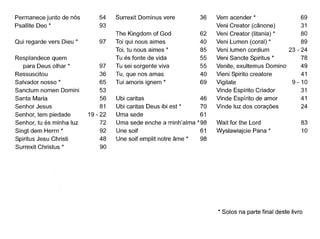 Permanece junto de nós 54Surrexit Dominus vere 36Vem acender * 6993 Veni Creator (cânone)3162Veni Creator (litania) * 8097Toi qui nous aimes 40Veni Lumen (coral) * 8985Veni lumen cordium 23 - 24 Tu és fonte de vida55Veni Sancte Spiritus * 7897Tu sei sorgente viva 55Venite, exultemus Domino4936Tu, que nos amas 40Vieni Spirito creatore 4165Tui amoris ignem * 69Vigilate 9 - 1053 Vinde Espírito Criador3156Ubi caritas 46Vinde Espírito de amor 4181Ubi caritas Deus ibi est * 70Vinde luz dos corações 2419 - 22Uma sede 6172Uma sede enche a minh'alma *98Wait for the Lord8392Une soif 61Wysfawiajcie Pana * 1048'Une soif emplit notre âme *9890
* Solos na parte final deste livro
 