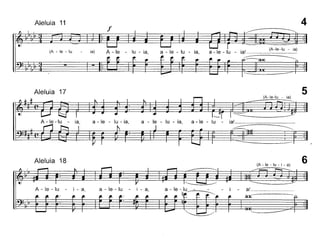 Aleluia 11
f
4
(A-Ie-Iu - ia)
(A - le - lu ia) A - le - lu - ia, a - le - lu - ia, a - le - lu - ia!
~
Aleluia 17
A - le -lu - a - le - lu - ia,
(A-Ie:lu - ia)
a - le - lu - ia, a - le - lu - ia!
~
5
(A - le - lu - i - a)
6
a!
~
ia - le - lu - i - a,A - le - lu - i - a,
Aleluia 18
 