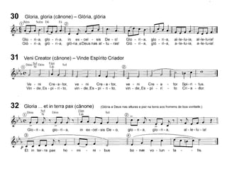 30 Gloria, gloria (cânone) - Glória, glória
GJ~~~ .
Glo - ri-a, glo - ri-a, in ex - cel - sis De - o! Glo - ri - a, glo - ri-a, al-Ie-Iu-ia, al-Ie-Iu-ia!
Gló - ri-a, gló - ri-a, gló-ria~aDeusnas al- tu - ras! Gló - ri-a, gló - ri-a, a-Ie-Iu-ia, a-Ie-Iu-ia!
Ie
Spi - ri - tus.
Cri - a - dor.
tor
to
ve - ni Cre - a - tor,
vin - de_Es - pí - ri - to,
Ve - ni Cre - a - tor,
Vin - de~Es - pí - ri - to,
31 Veni Creator (cânone) - Vinde Espírito Criador
D' Sol r)' Fám S 1
I CD om Si om U 'o ®
~~I'I, (~J
ve - ni Cre - a
vin - de_Es - pí - ri
32 Gloria ... et in terra pax (cânone) (Glória a Deus nas alturas e paz na terra aos homens de boa vontade.)
D' Sol r)' Fám S I
CD om SI om ~ o ® >-
~'p~I'-:,e~
Glo-ri-a, glo-ri-a, in ex-cel-sisDe-o, glo-ri-a, glo-ri-a, al-Ie-Iu-ia!
~~I'!._:::::=~ ==_~==::~
Et in ter-ra pax ho - mi ni - bus bo - nre vo - lun - ta - tis.
I
 
