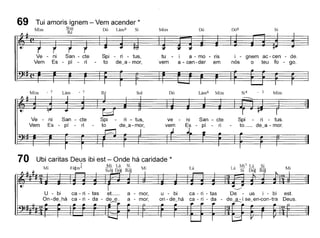 69 Tui amoris ignem - Vem acender *
Mim Sim Dó Lám6 Si
Ré
tu - i a - mo - ris
vem a - cen -der em
Si
i - gnem ac- cen - de.
nós o teu fo - go.
DóMim
Spi - ri - tus,
to de~a - mar,
Ve - ni San - de
Vem Es - pí - ri
Mim - 7Lám- 7Ré SolDóLám6Mim Si4- 3Mim
J~--ni San - de Spi-ri - tus, ve-ni San - cte Spi-ri-tus. Es-pi-ri tode~a-mor, vemEs-pi-ri -to_ de~a - mar.
Mi
. Mi7 Lá Si
La Si Dó# R~#
Lá
'-'"
ca - ri - tas De - us i - bi est.
ca - ri - da - de,:JL:..íse~en-con-tra Deus.
u - bi
on - de~há
Mi
a - mar,
a - mar,
Mi
U - bi ca - ri - tas et_
On-de~há ca - ri - da - d~_
Ubi caritas Deus ibi est - Onde há caridade *
~/ 3 Mi Lá Si
1 d#m Sol# 120# R~#
70
 