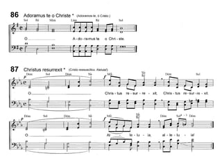 86 Adoramus te o Christe * (Adoramos-te, ó Cristo.)
Sol Ré Mim Lám Ré Sol
" Jj II I- "-"A - do - ra-mus teo Chri - ste.CIo
I
II II I....-l
Sol
ia!
SOl4 - 3 Dóm
Chris - tus re - sur - re - xit.
ai - le - lu
Dóm
le - lu - ia,
Chris - tus re - sur - re - xit,
fMi~~
Si~DómSolDóm
p
87 Christus resurrexit * (Cristo ressuscitou. Aleluia!)
Dóm Sol Dóm Si~ Mi~
P I ----I f
 