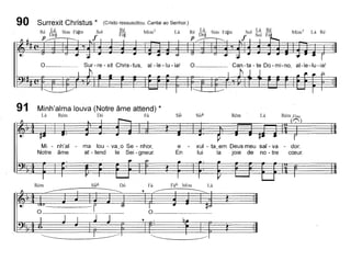 Surrexit Christus * (Cristo ressuscitou. Cantai ao Senhor.)
Ré L~ Sim Fá~m Sol Ré Mim 7 Lá
P Do~ f Fa~~"
Lá RéMim7Sol Lá Ré
f Sol Fá
Can-ta-te Do-mi-no, al-Ie-Iu-ia!o
R· Lá s· F·~
e Dó~ 1m a~m
p
Sur-re - xit Chris-tus, al-Ie -lu - ia!o
90
91 Minh'alma louva (Notre âme attend) *
Lá Rém Dó Fá
xul - ta_em Deus meu sal - va - dor.
lui la joie de no - tre cceur.
Si~
e
En
ma lou - va~o Se - nhor,
at - tend le Sei - gneur.
Mi - nh'al -
Notre âme
Rém Dó l'á Fá6 Mim Lá
 