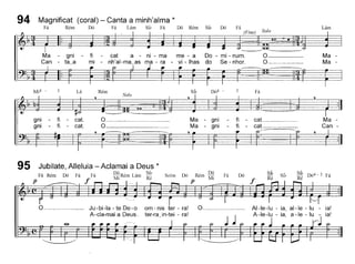 94 Magnificat (coral) - Canta a minh'alma *
Fá Rém Dó Fá Lám Si~ Fá Dó Rém Si~ Dó Fá
(Fine)
Solo
Lám
Ma - gni
Can - ta~a
fi - cat a - ni - ma me - a Do - mi - num.
mi - nh'al-ma~as ma - ra - vi - lhas do Se - nhor.
o
O
Ma
Ma
Mi4 - Lá Rém
Solo
Si~ Dó4 - Fá
gni
gni
fi - cat.
fi - cat.
O
O
Ma - gni
Ma - gni
fi - cat.
fi - cat.
Si~ Dó4 - 3 Fá
Ré
Si~Si~
Ré
.f
DóFá
O ~ AI-Ie-Iu - ia, al-Ie - lu - ia!
A-Ie-Iu - ia a -Ie - lu - ial
, r)'
Rém Dó
p Mi
Solm Dó
Ju-bi-la-teDe-o om-nis ter-ra!
A-c1a-mai a Deus_ ter-rajn-tei - ra!
O
95 Jubilate, Alleluia - Aclamai a Deus *
Fá Rém Dó Fá Fá D~ Rém Lám Si~
p _.f MI Re
 