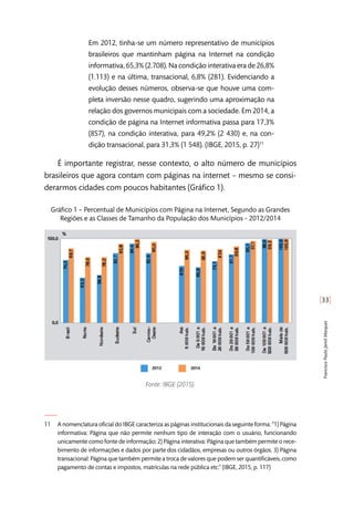 [33]
FranciscoPauloJamilMarques
Em 2012, tinha-se um número representativo de municípios
brasileiros que mantinham página na Internet na condição
informativa, 65,3% (2.708). Na condição interativa era de 26,8%
(1.113) e na última, transacional, 6,8% (281). Evidenciando a
evolução desses números, observa-se que houve uma com-
pleta inversão nesse quadro, sugerindo uma aproximação na
relação dos governos municipais com a sociedade. Em 2014, a
condição de página na Internet informativa passa para 17,3%
(857), na condição interativa, para 49,2% (2 430) e, na con-
dição transacional, para 31,3% (1 548). (IBGE, 2015, p. 27)11
É importante registrar, nesse contexto, o alto número de municípios
brasileiros que agora contam com páginas na internet – mesmo se consi-
derarmos cidades com poucos habitantes (Gráfico 1).
Gráfico 1 – Percentual de Municípios com Página na Internet, Segundo as Grandes
Regiões e as Classes de Tamanho da População dos Municípios - 2012/2014
Fonte: IBGE (2015).
11	 A nomenclatura oficial do IBGE caracteriza as páginas institucionais da seguinte forma: “1) Página
informativa: Página que não permite nenhum tipo de interação com o usuário, funcionando
unicamente como fonte de informação; 2) Página interativa: Página que também permite o rece-
bimento de informações e dados por parte dos cidadãos, empresas ou outros órgãos. 3) Página
transacional: Página que também permite a troca de valores que podem ser quantificáveis, como
pagamento de contas e impostos, matrículas na rede pública etc.” (IBGE, 2015, p. 117)
 